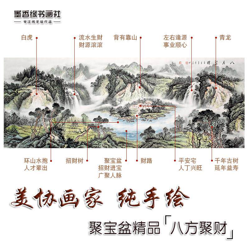 纯手绘八方聚财山水画 画客厅办公室招财靠山聚宝盆国画 画挂画