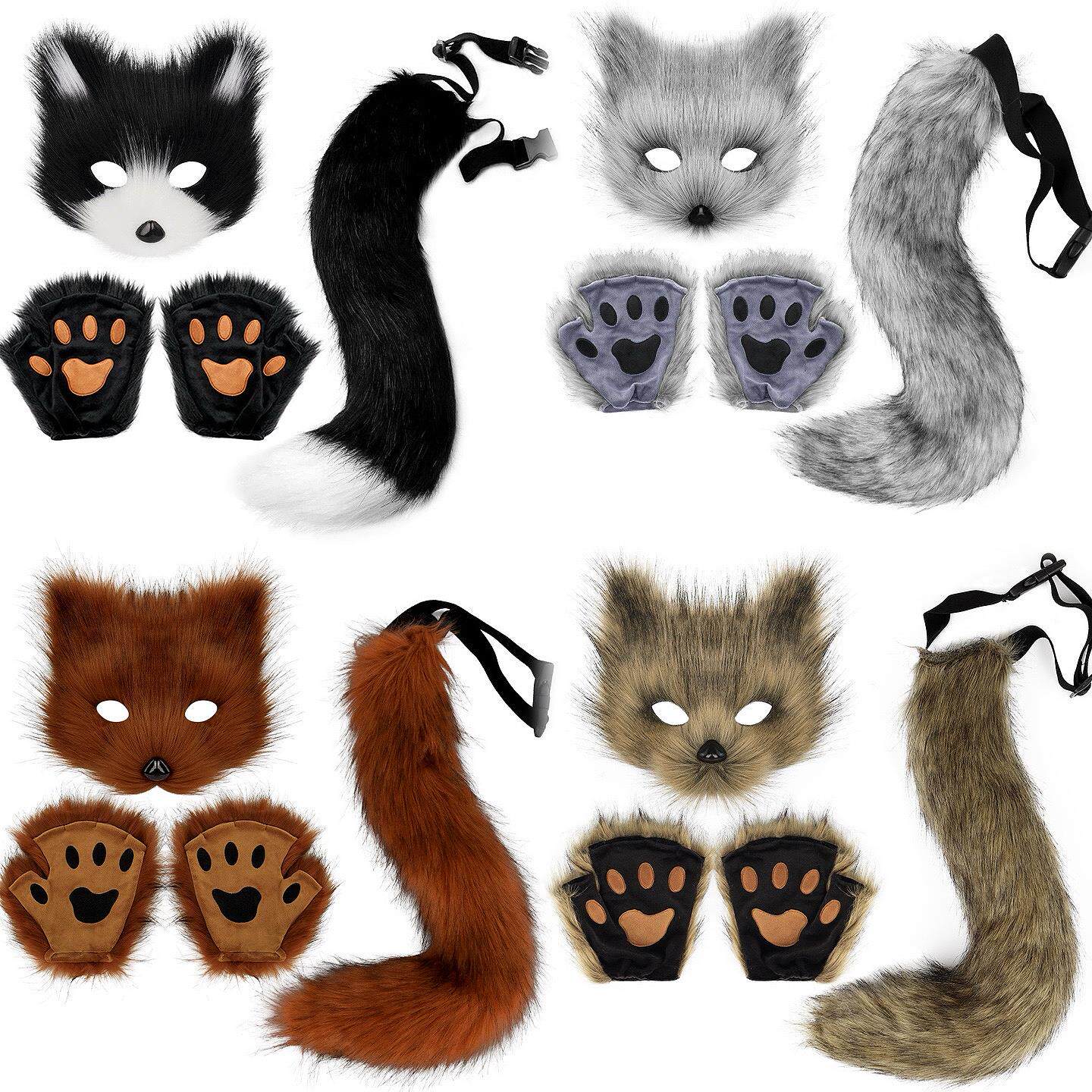 万圣节手作毛绒狐狸套装仿真狐狸面具兽尾cos学校表演道具配饰