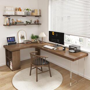 压克力桌腿拐角电脑桌书架组合L型办公桌实木转角式书桌书柜一体