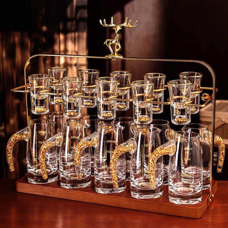 中式金箔白酒杯高端酒具套装家用水晶玻璃一口杯轻奢分酒器子弹杯