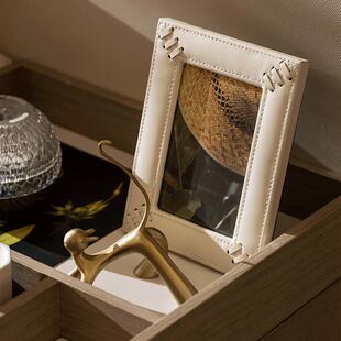 编制皮革相框卧室床头柜6寸7寸装饰照片框高档轻奢铜质装饰品摆件