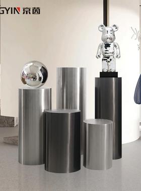 圆柱展示台样板房电视柜旁落地圆形底座橱窗装饰品雕塑不锈钢摆件
