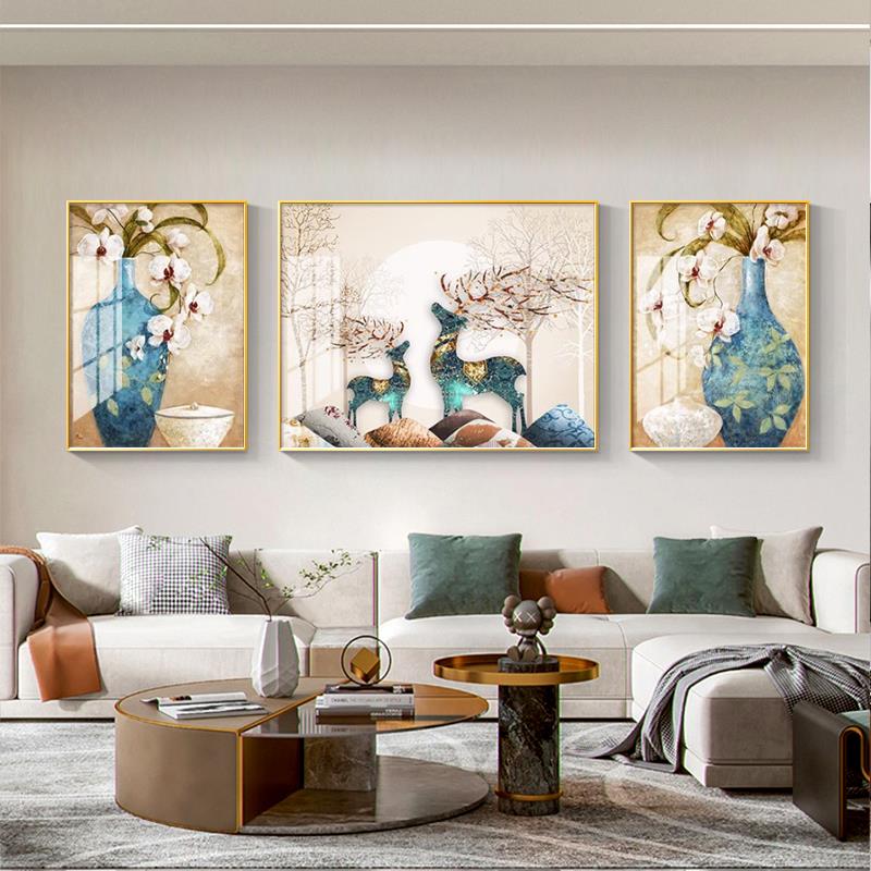 客厅装饰画镶钻晶瓷画大气招财沙发背景墙挂画玄关壁画现代三联画