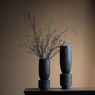 侘寂风碳化木花瓶创意复古花器黑色做旧家居民宿样板间装饰摆件