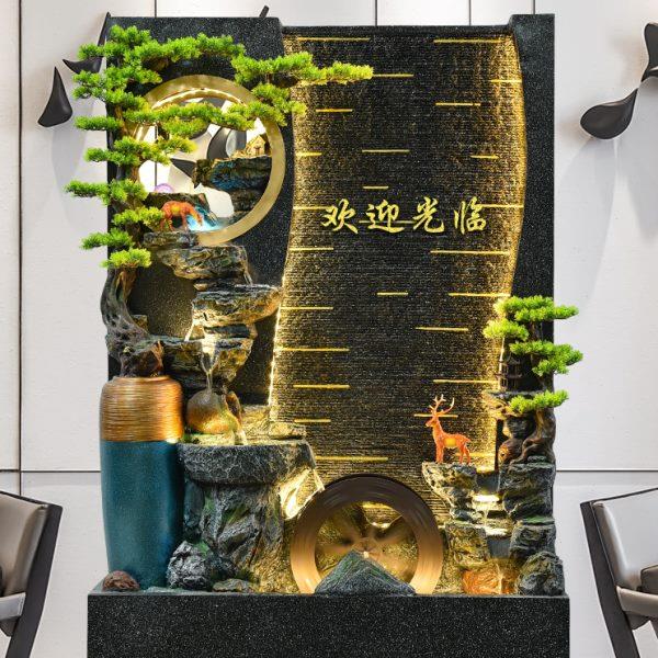 新中式客厅水幕墙流水屏风落地装饰摆件假山水景喷泉公司室内造景