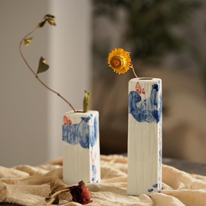 景德镇手绘青花陶瓷插花花瓶茶几学禅新中式文艺覆古摆件