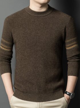 2024秋冬装新款100纯羊毛衫男士高领毛衣套头针织双股加厚针织衫