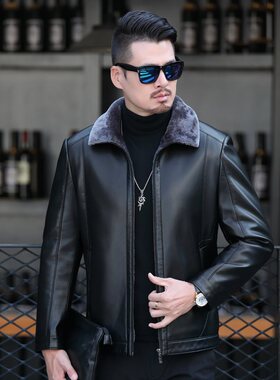 海宁真皮 皮衣男水貂内胆冬季外套短款翻领皮夹克男加厚保暖皮草