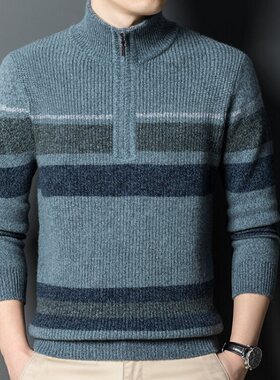 100%羊毛衫男士半高拉链领2024秋冬加厚500克保暖毛衣中年羊毛衫