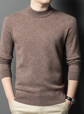 2024纯羊毛衫男装秋冬圆领针织毛衣中年男100%全羊毛490克打底衫