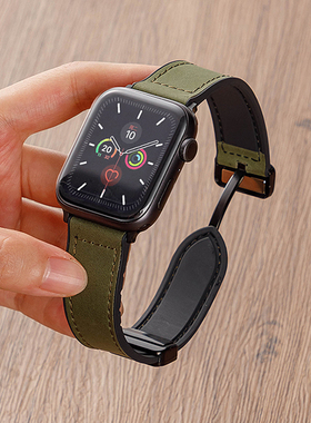 AW适用iwatch9手表applewatch10表带S9真皮S8苹果s11ultra3/2运动男秋冬7硅胶6高级SE新款磁吸扣疯马皮纹腕带