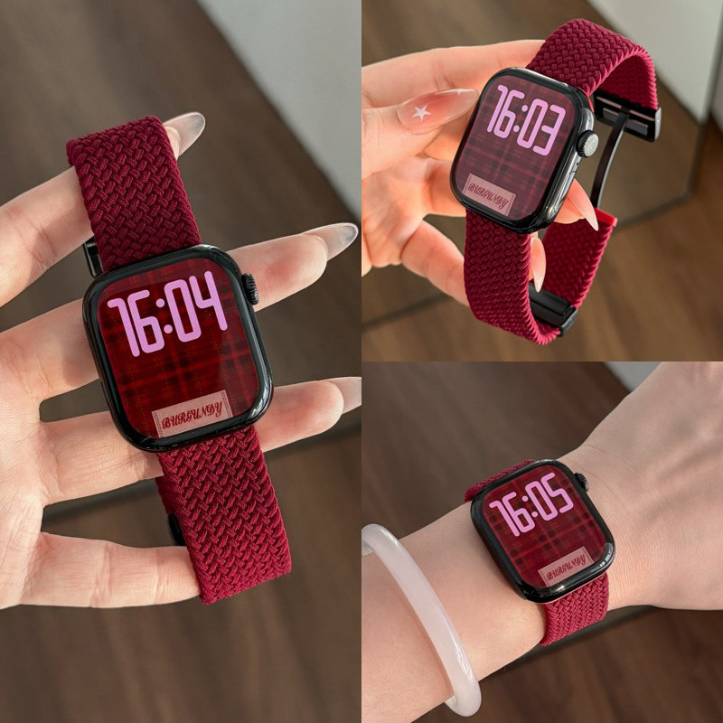 新款酒红色适用小米手环9pro表带8Pro手表女款尼龙编织磁吸扣腕带红米watch6/5手表带秋冬高级男女透气替换带