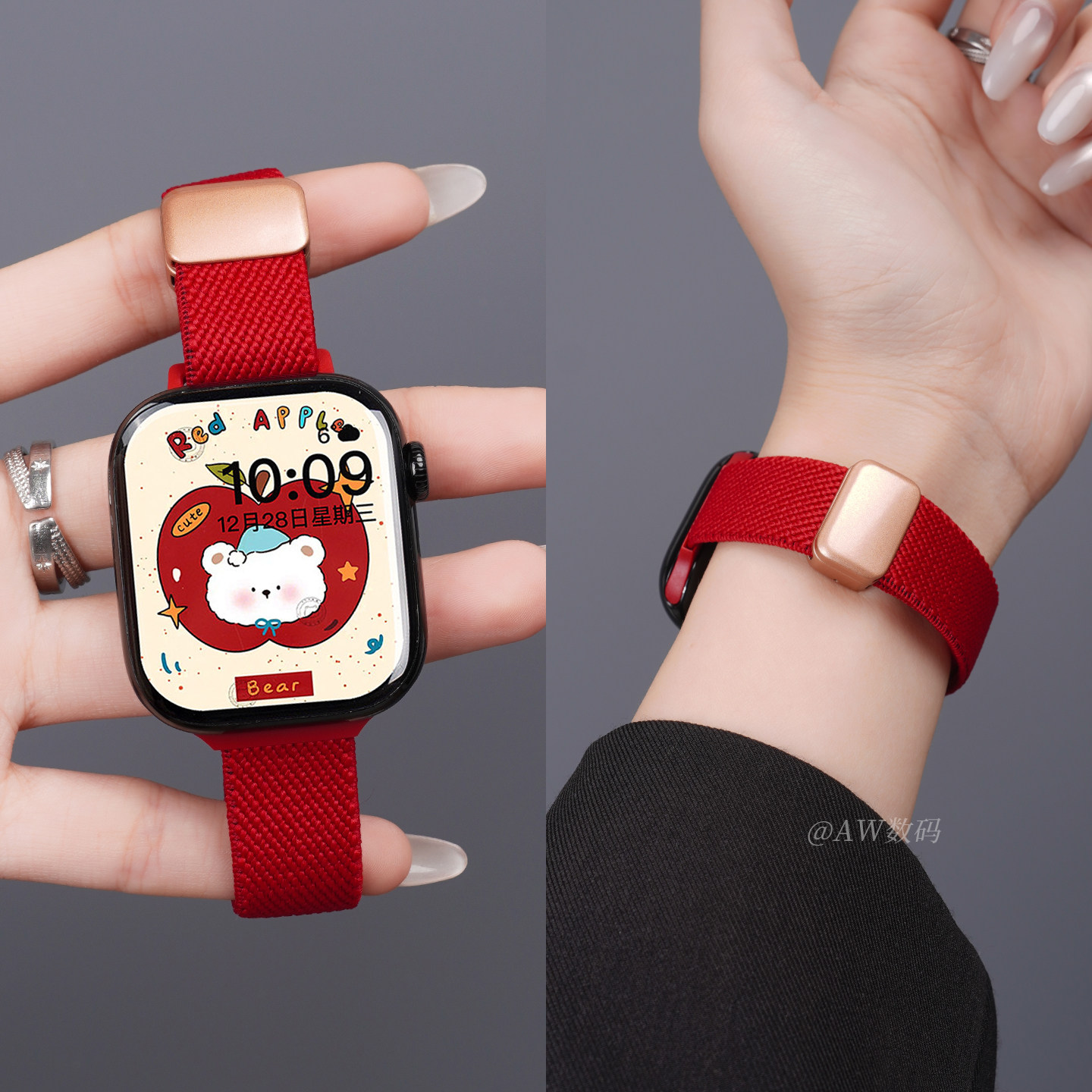 新年红色适用苹果S11手表iwatch10表带女款applewatch9透气尼龙编织S10秋冬新款S8磁吸腕带7智能SE高级运动男