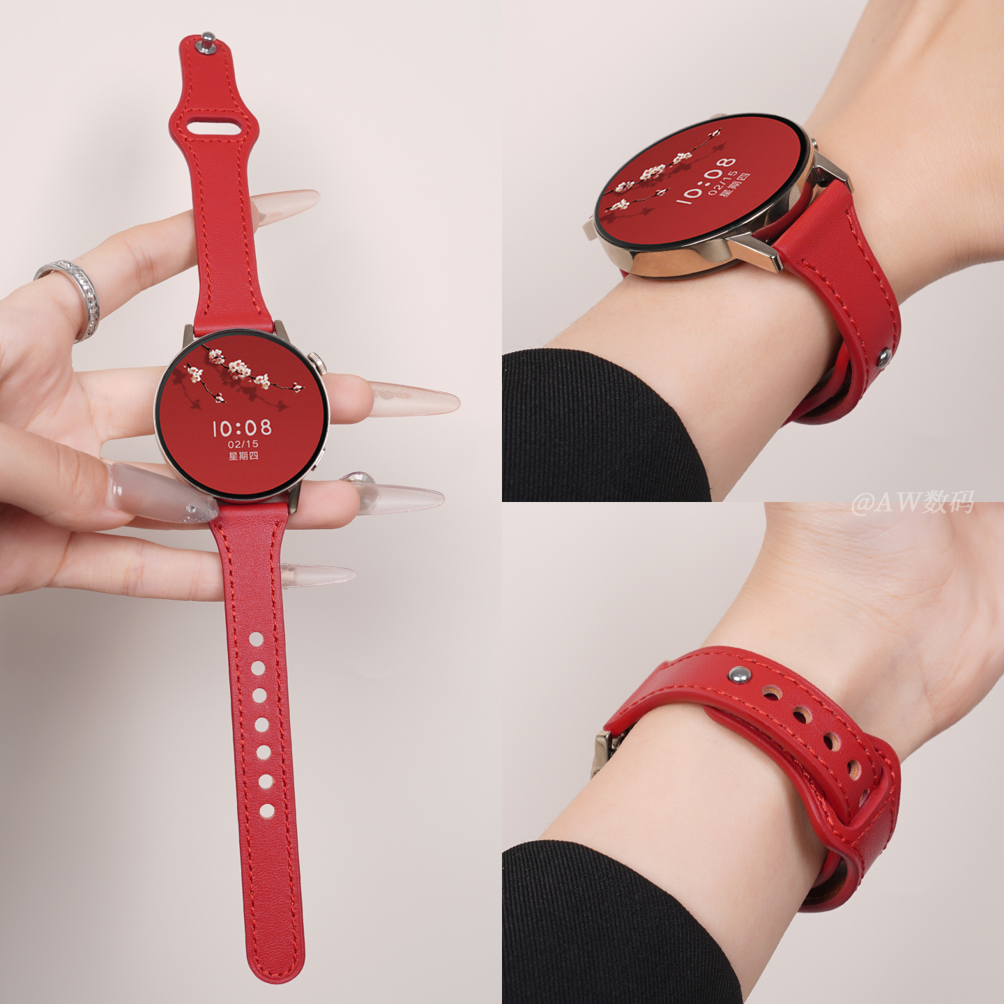 适用华为gt3表带新年红真皮女款