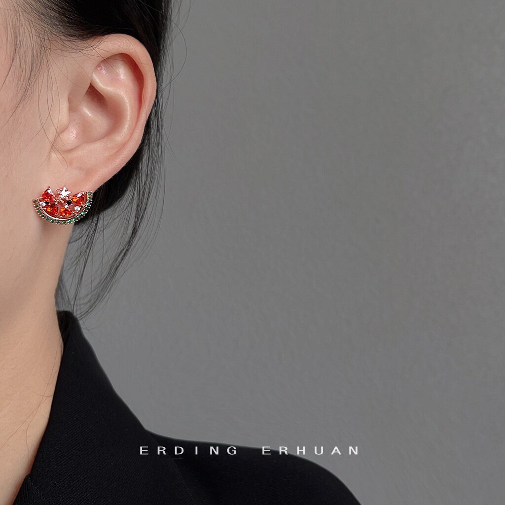 微镶锆石西瓜耳钉女小众设计感彩色多巴胺创意水果个性耳饰高级感