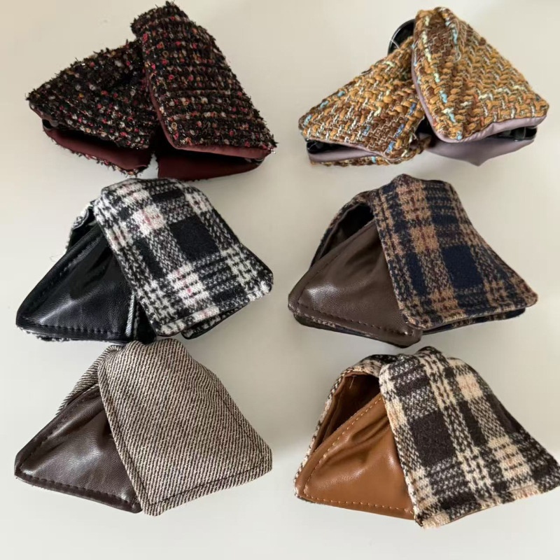 韩系格纹拼接贝壳三角抓夹女新款后脑勺高级感盘发高马尾发夹