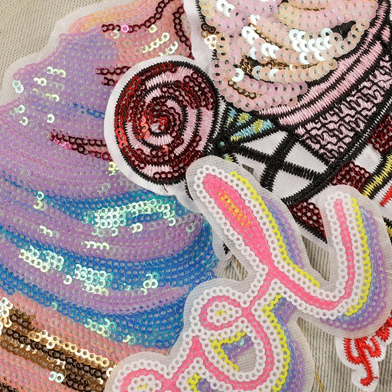 电脑绣花标服装辅料衣帽鞋背胶补丁亮片冰淇淋英文字母刺绣贴布贴