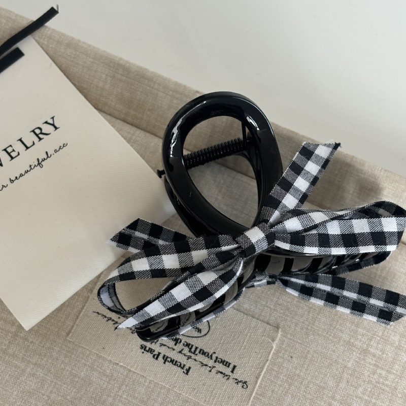 格纹蝴蝶结发夹女侧边新款高级感鲨鱼夹半扎抓夹刘海碎发侧边夹发