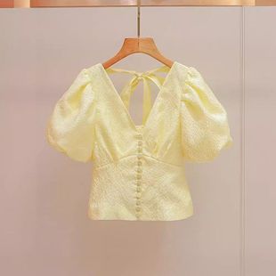 清新女装 新款 泡泡袖 上衣甜美气质短款 2024衬衫 SP韩系V家年领夏季