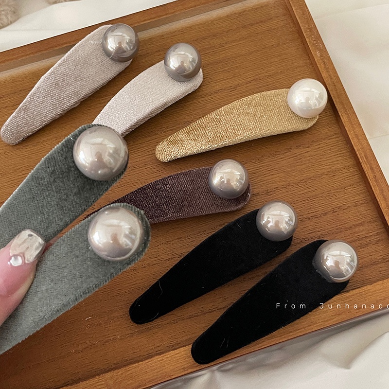 韩国金丝绒珍珠鸭嘴发夹女款新款刘海夹前额无痕碎发侧边夹bb夹