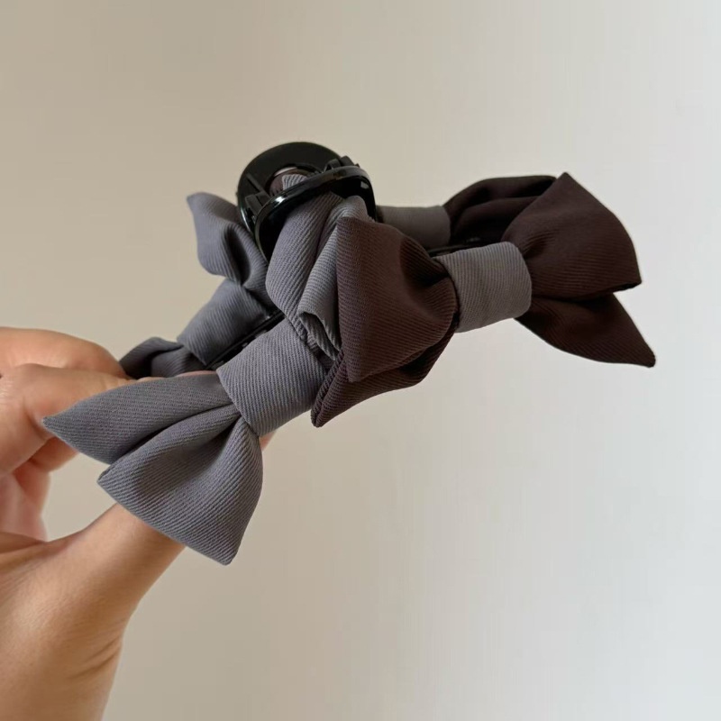 韩国东大门洋气西装面料灰拼色缎面双蝴蝶结少女气质法式鲨鱼抓夹