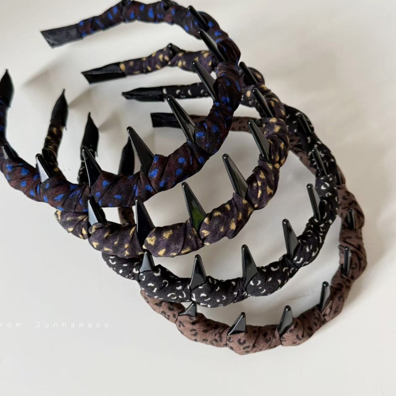 韩系蓝色豹纹简约格纹布艺带齿细发箍个性压发箍头箍女