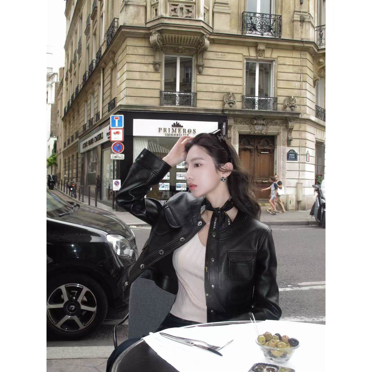 宋仁何【口袋藏月】2025年秋季新款酷飒复古圆领夹克皮衣外套上衣