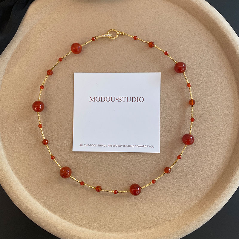 7A级天然红玛瑙时髦小众串珠项链个性百搭锁骨链高级感满天星颈链