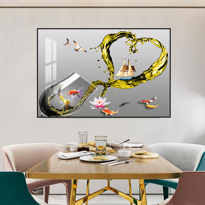 新款九鱼图现代简约餐厅装饰画中式歺厅餐桌背景墙挂画饭厅墙壁画