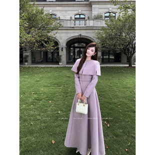 刘智贤【丁香旧事】温柔千金风小香风套装复古斗篷收腰连衣长裙女