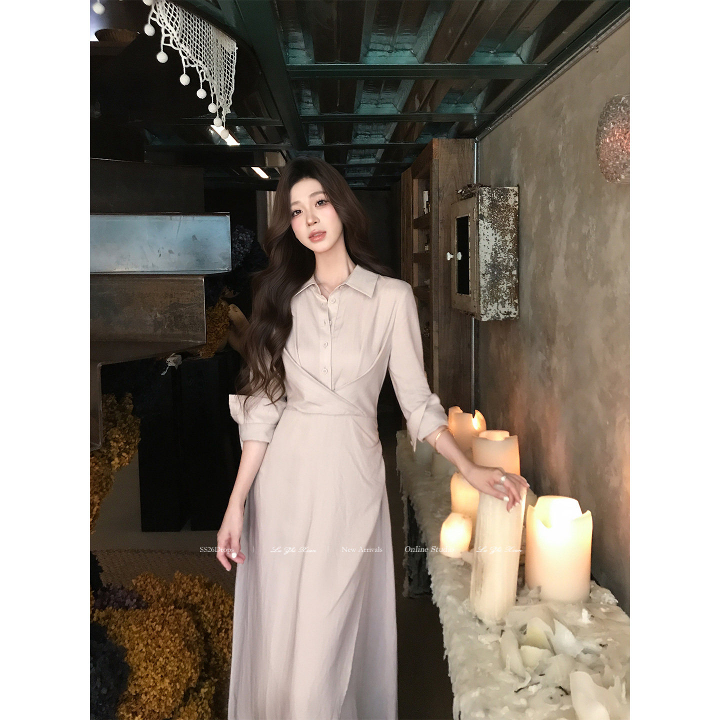 刘智贤【智系恋人】莱赛尔亚麻极简设计感衬衫裙女通勤收腰长裙女图片