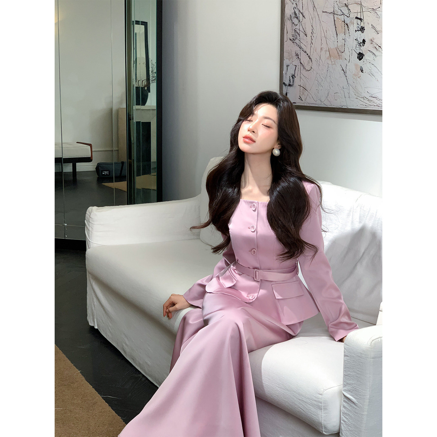 刘智贤【樱花雨】财阀千金春季法式温柔风粉色外套+伞裙两件套女