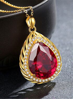 镀K金燃烧的火焰吊坠 红宝石吊坠项链闪耀水滴项坠炫目华彩毛衣链
