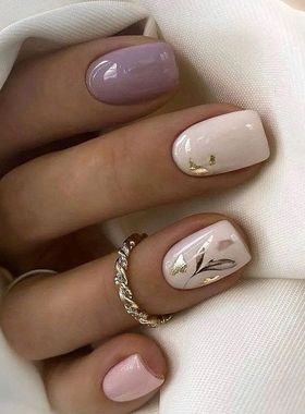 中长款粉紫色纯色美甲水墨枯叶晕染树叶美甲假指甲成品混批nails