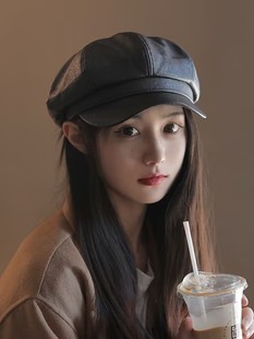 2023新款帽子假发一体女款时尚带头发的长发连帽皮质贝雷帽秋冬天