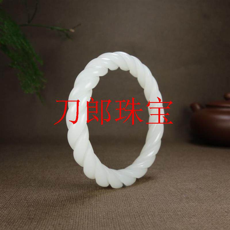 新疆和田白玉手镯雕花羊脂玉镯子精品昆仑玉圆条手环麻花纽丝玉镯