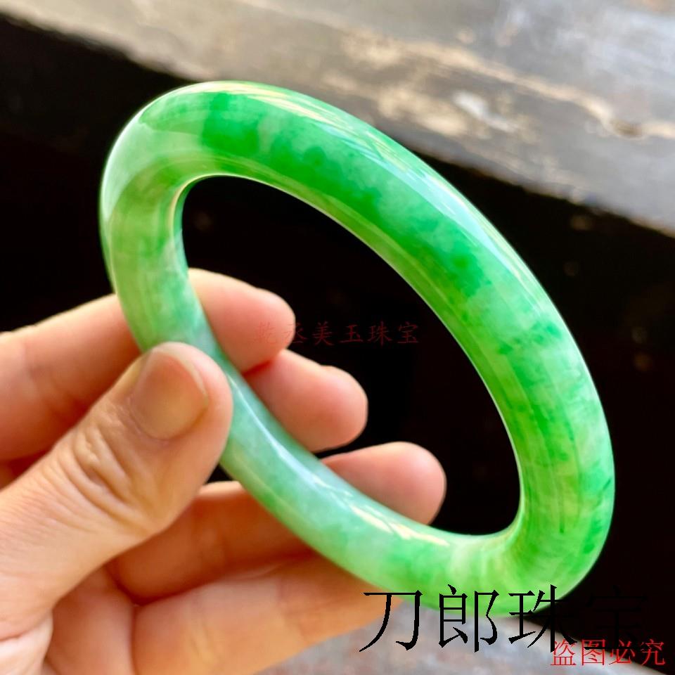 高端缅甸翡翠色冰糯种飘绿玉镯子圆条冰润阳绿玉手镯冰润飘花送礼
