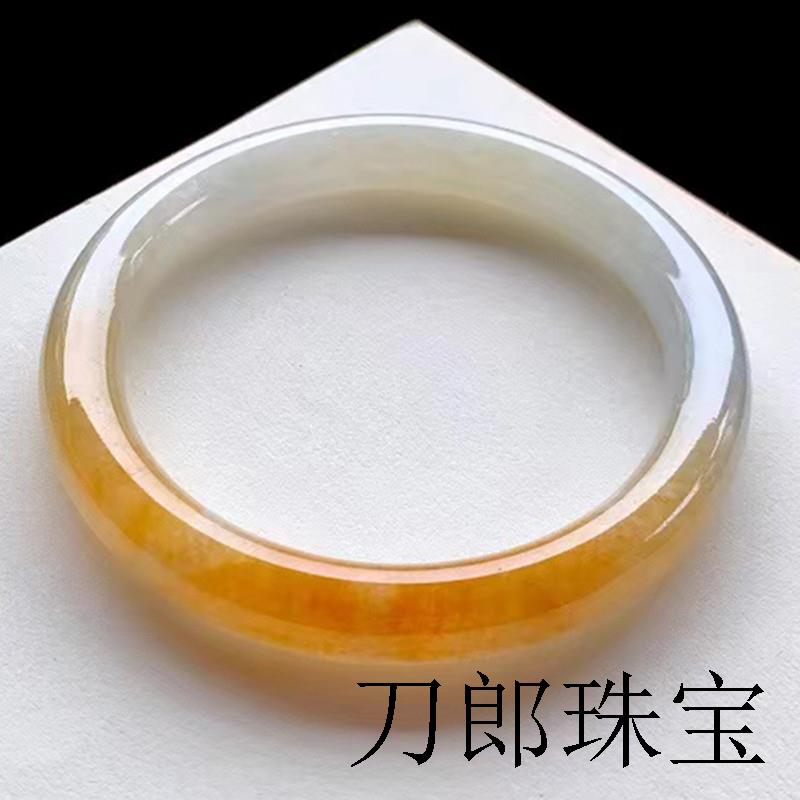 冰种黄翡玉镯圆条翡翠色手镯水润飘花镯缅甸老坑翡翠玉镯子女百搭