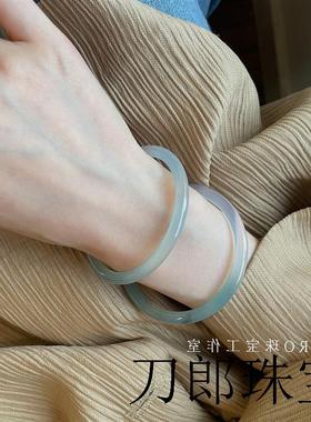 高端冰种玛瑙色油青手镯渐变透亮细美人条玉髓翡翠叮当镯女百搭款