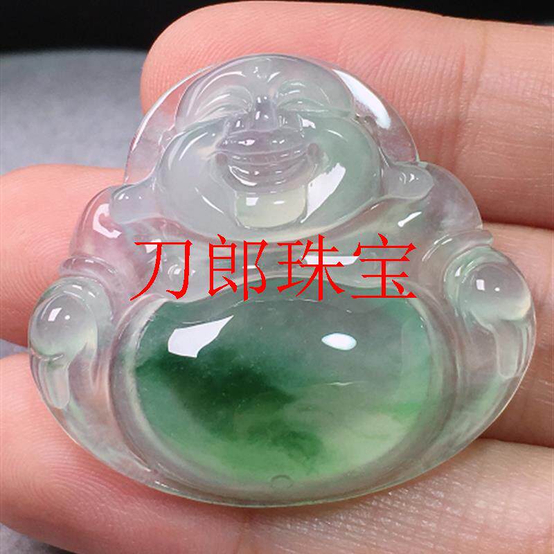 缅甸翡翠色冰种佛公油青飘花弥勒大肚佛玉坠笑佛挂件飘绿玉佛吊坠