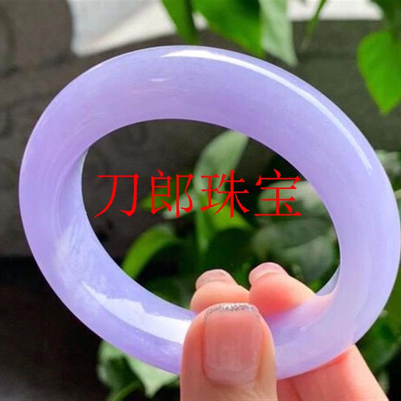 紫罗兰翡翠色玉手镯缅甸冰糯种飘绿春彩圆条翡翠色处理贵妃女款