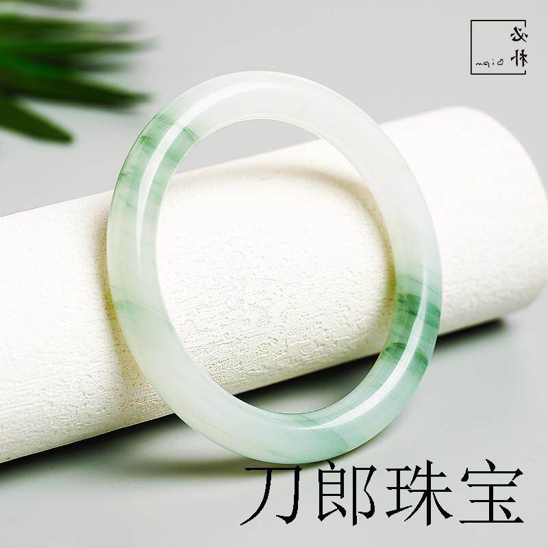 新疆天山翠手镯冰种女款纯天然金丝玉镯雪翠扁条飘花玉石镯子证书