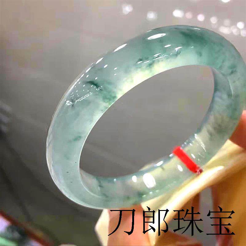 缅甸冰种飘花翡翠色手镯女圆条正圈老坑晴水绿花玻璃种玉镯子证书