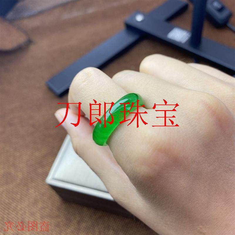 帝王绿翡翠戒指冰种阳绿小扳指男女款满绿处理玉石指环飘花尾戒圈