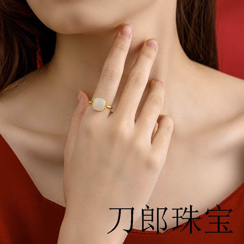 新疆和田玉南红玛瑙纯银镀金戒指女复古国风个性简约竹节开口指环