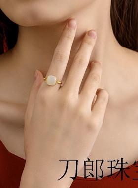 新疆和田玉南红玛瑙纯银镀金戒指女复古国风个性简约竹节开口指环