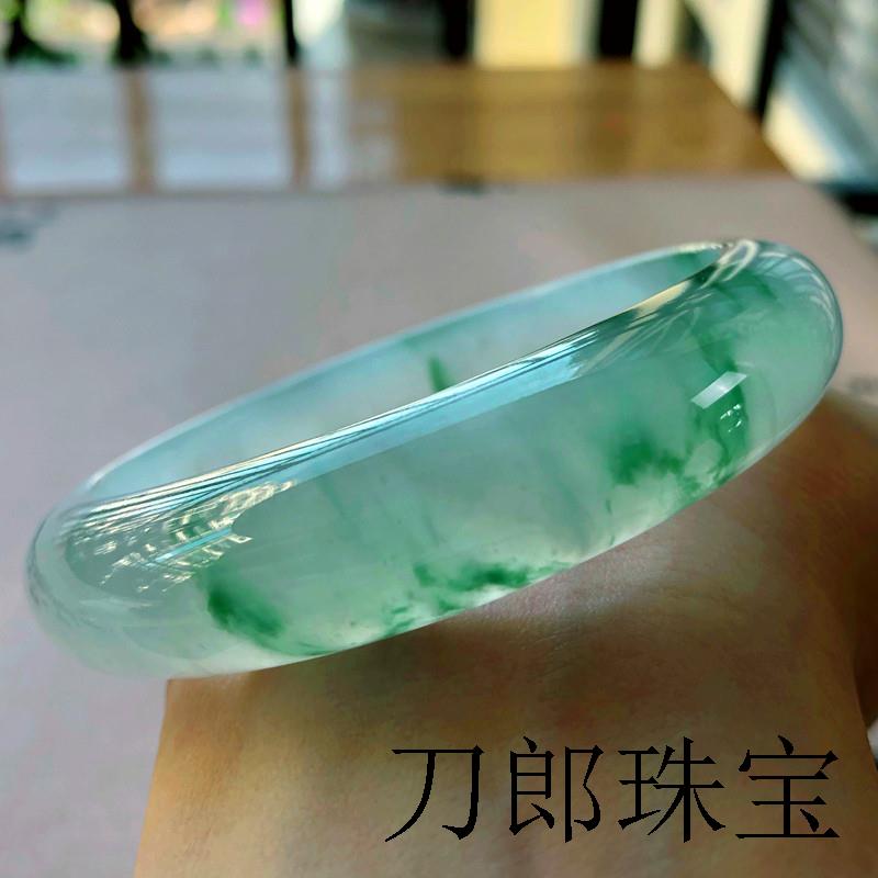 缅甸冰种翡翠玉手镯女款玉镯子春彩满绿飘花玉石处理款官方旗舰店