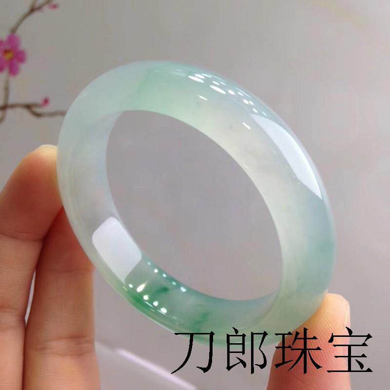 冰种翡翠色手镯绿飘花缅甸老坑满阳女款宽版冰糯种白绿玉镯子证书