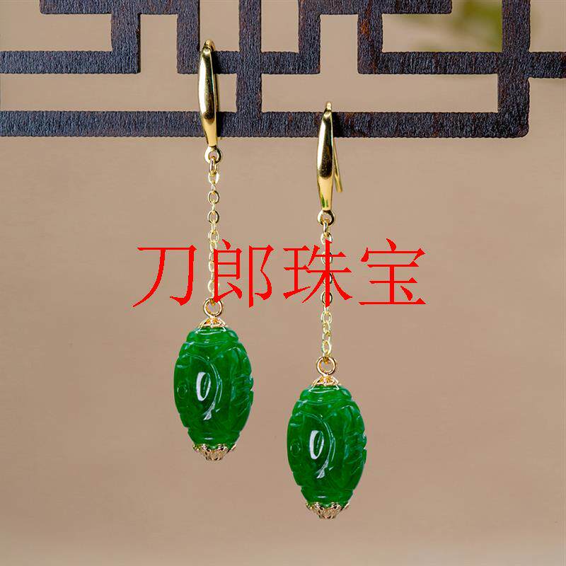 祖母绿玉耳环干青翡翠色玉石路路通桶珠耳坠银饰阳绿雕花耳钩百搭
