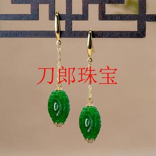 祖母绿玉耳环干青翡翠色玉石路路通桶珠耳坠银饰阳绿雕花耳钩百搭